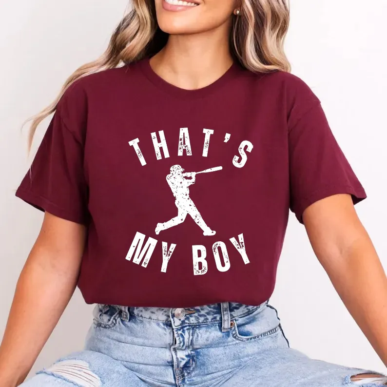 Women T-Shirt Cotton Blend Short Sleeve Round Neck Casual Loose That Is My Boy Baseball Graphic Print Retro Summer Top