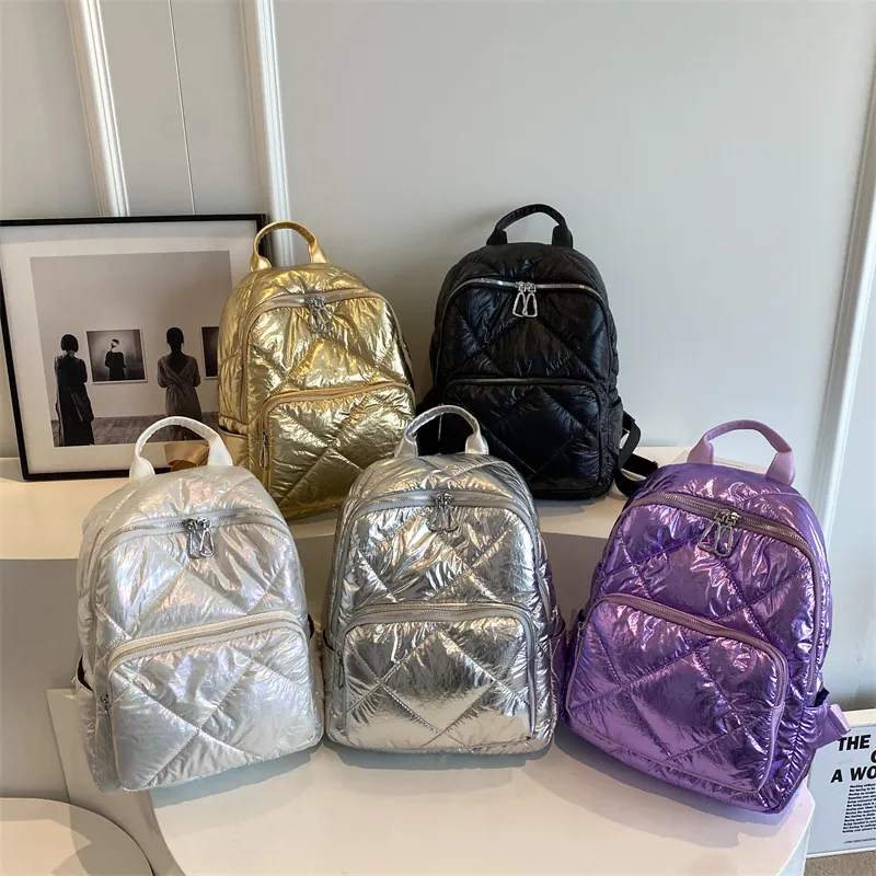 Damen Mode Gesteppter Rucksack Metallic Glänzend Puffer Diamant Gitter Leicht Lässig Schultertasche Für Mädchen
