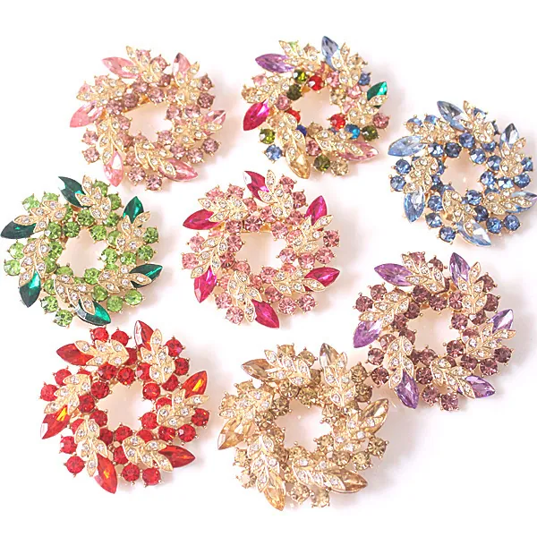 Elegant Alloy Rhinestone Wreath Brooch Pin Floral Crystal Leaf Clothing Decor Jewelry For Women Accessories