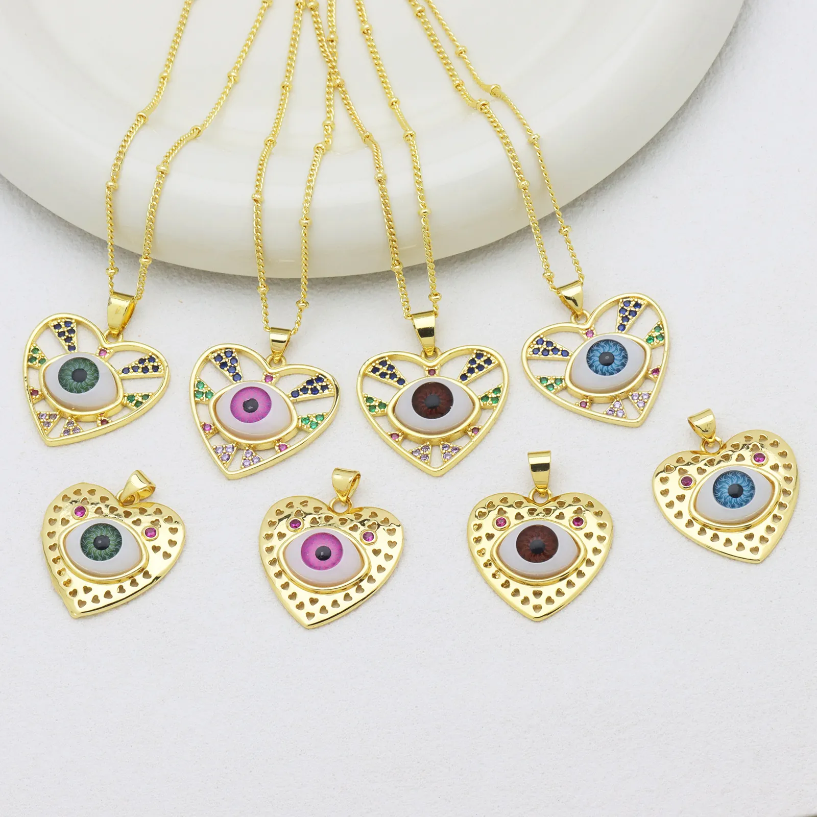 Ciondolo Cuore Malocchio Cavo Rame Zircone Colorato Charm Per Creazione Di Collane Fai Da Te Accessori Per Gioielli