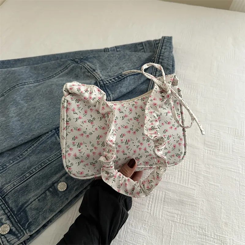 Floral Print Oxford Cloth Underarm Shoulder Bag With Ruched Handle And Bow Decor For Women Summer Casual