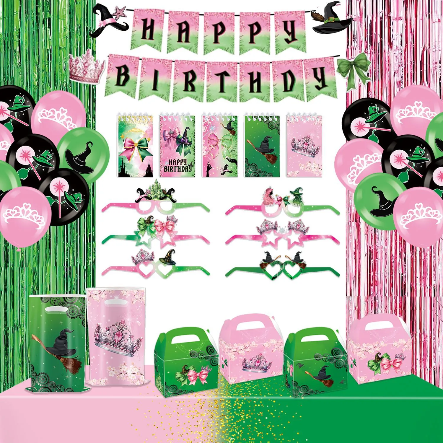 Witch Birthday Party Decorations Banner Balloons Cake Topper Pink Green Magic Theme Princess Girls Party Supplies
