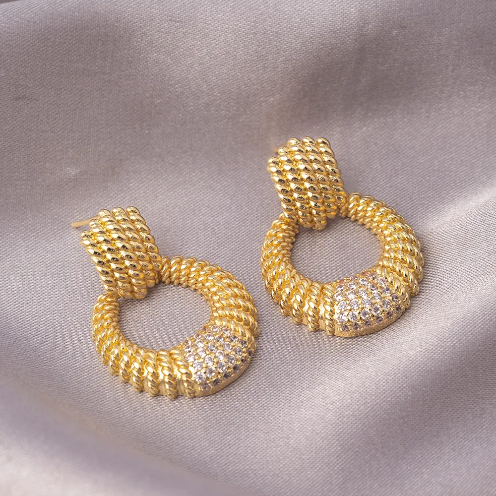 Twisted Rope Round Drop Earrings Copper With 925 Sterling Silver Earring Post Micro Zircon Retro Jewelry For Women