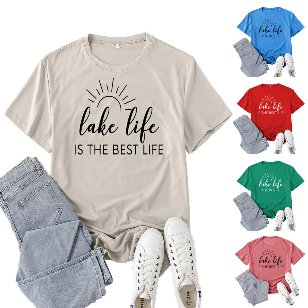 Women Cotton Blend T-Shirt Lake Life Print Sun Graphic Round Neck Loose Summer Casual Short Sleeve Streetwear Top