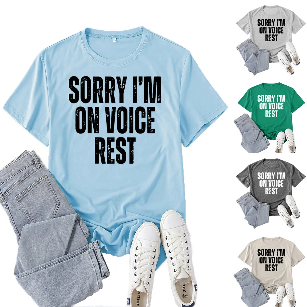 Sorry I'm On Voice Rest Letter Printed T-Shirt Cotton Blend Short Sleeve Round Neck Casual Loose Summer Top For Women