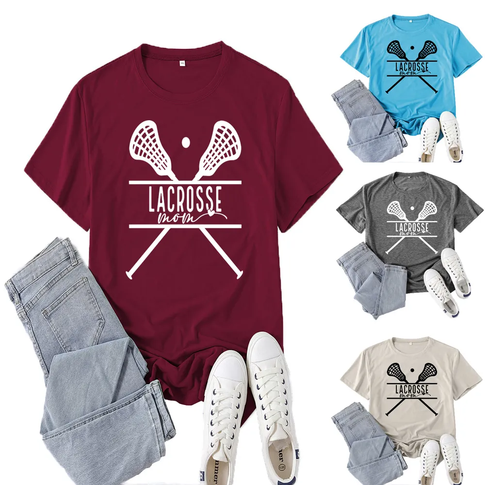 Women T-Shirt Cotton Blend Round Neck Short Sleeve Lacrosse Mom Print Casual Sporty Summer Casual Top For Lady