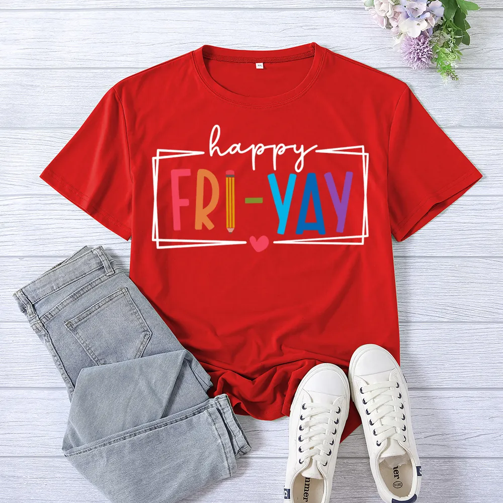 Women's Short Sleeve T-Shirt Cotton Blend Happy Fri-Yay Print Round Neck Loose Fit Summer Casual Graphic Tee