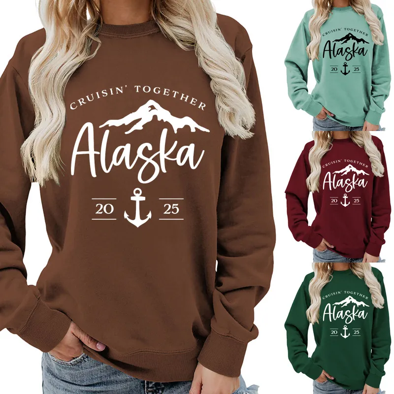 Women Sweatshirt Long Sleeve Crewneck Cotton Blend Alaska Printed Loose Casual Streetwear Pullover Top