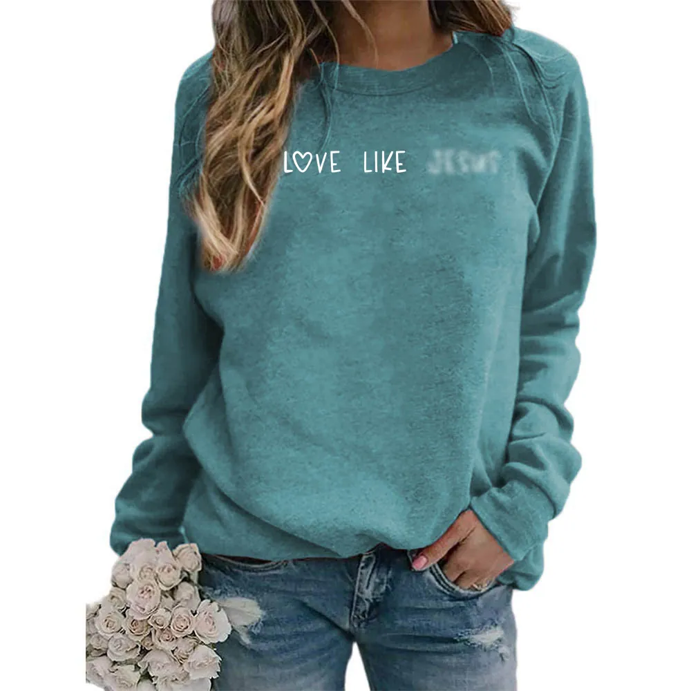 Women Sweatshirt Polyester Round Neck Long Sleeve Love Like Jesus Print Heart Graphic Pullover Loose Casual Top