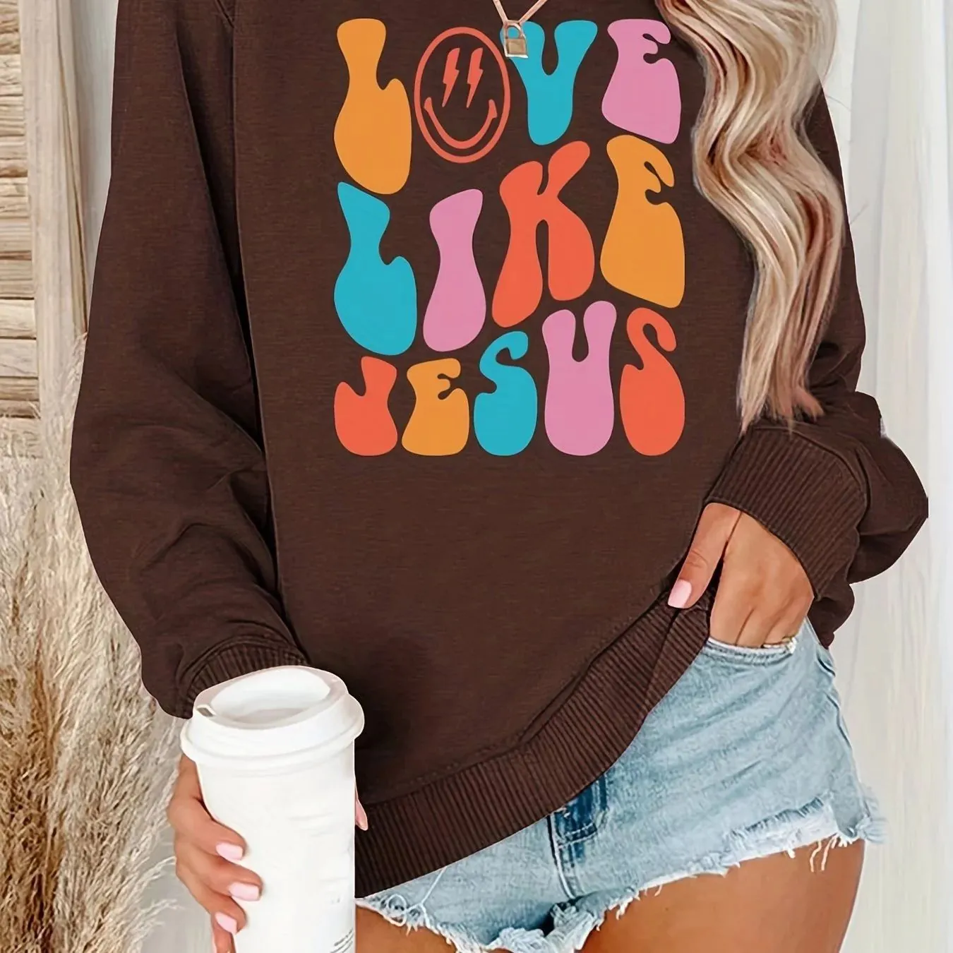 Women Crew Neck Sweatshirt Polyester Long Sleeve Love Like Jesus Letter Print Retro Casual Streetwear Pullover Top