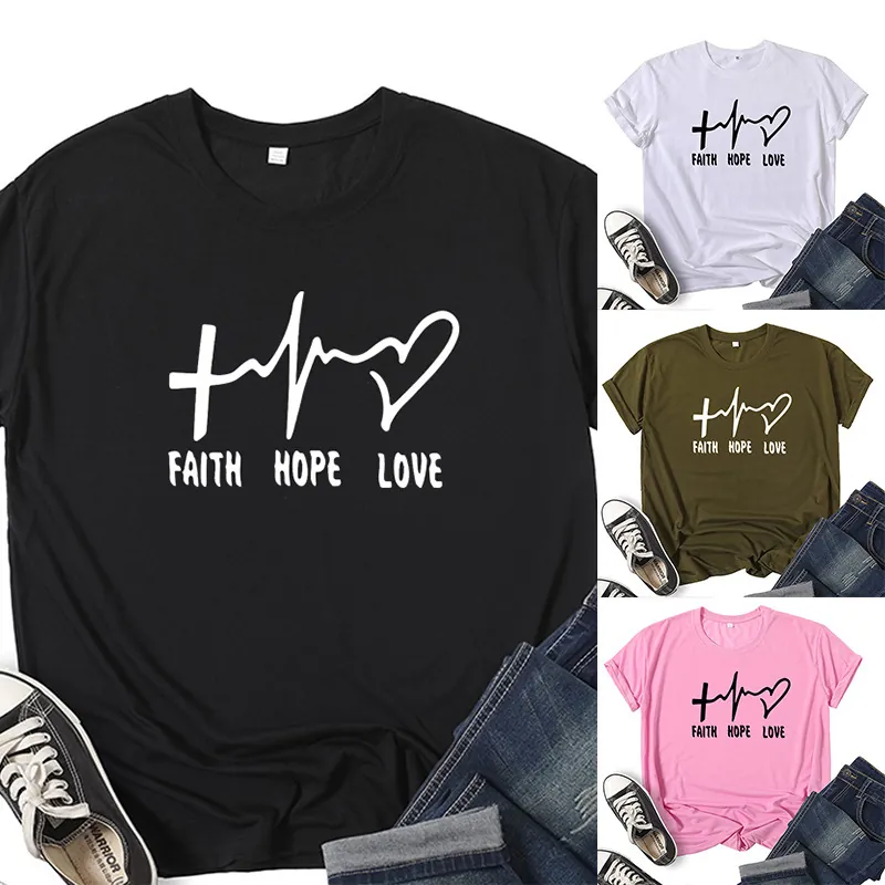 Women Faith Hope Love Print T-Shirt Round Neck Short Sleeve Polyester Cotton Blend Loose Casual Christian Top