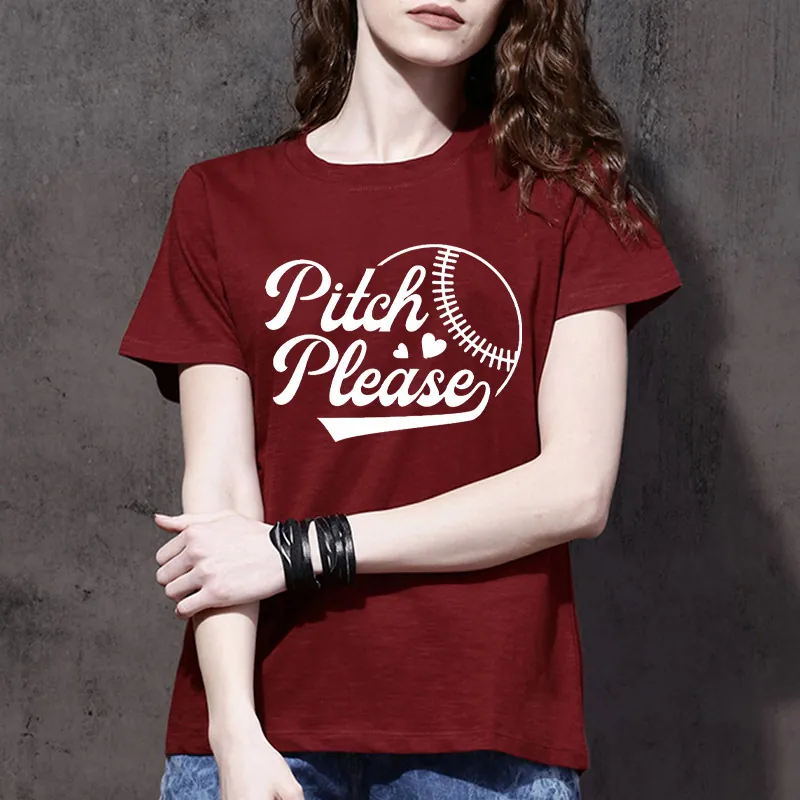 Women T-Shirt Short Sleeve Crew Neck Baseball Graphic Print Casual Summer Top Polyester Cotton Pitch Please