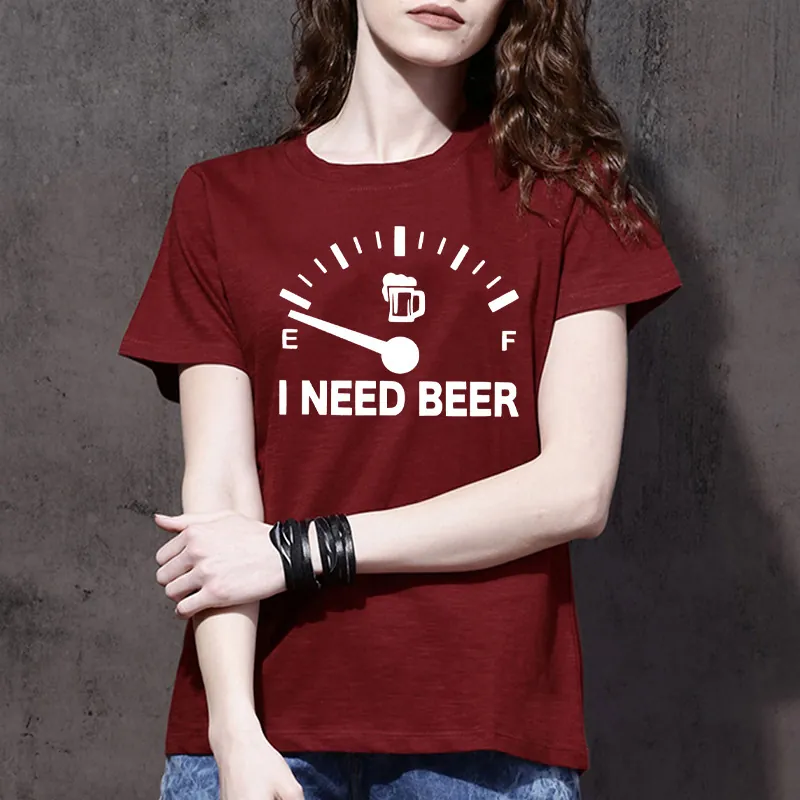 Women Crew Neck Short Sleeve T-Shirt Fabric Funny I Need Beer Fuel Gauge Print Casual Loose Fit Summer Top