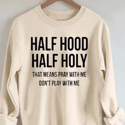 Women Sweatshirt Crew Neck Long Sleeve Polyester Half Hood Half Holy Letter Print Oversized Streetwear Casual Pullover