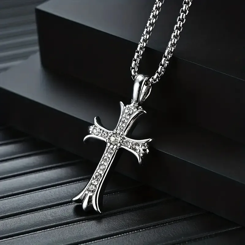 Cross Pendant Necklace Stainless Steel Gothic Hip Hop Zirconia Inlaid Vintage Jewelry For Men