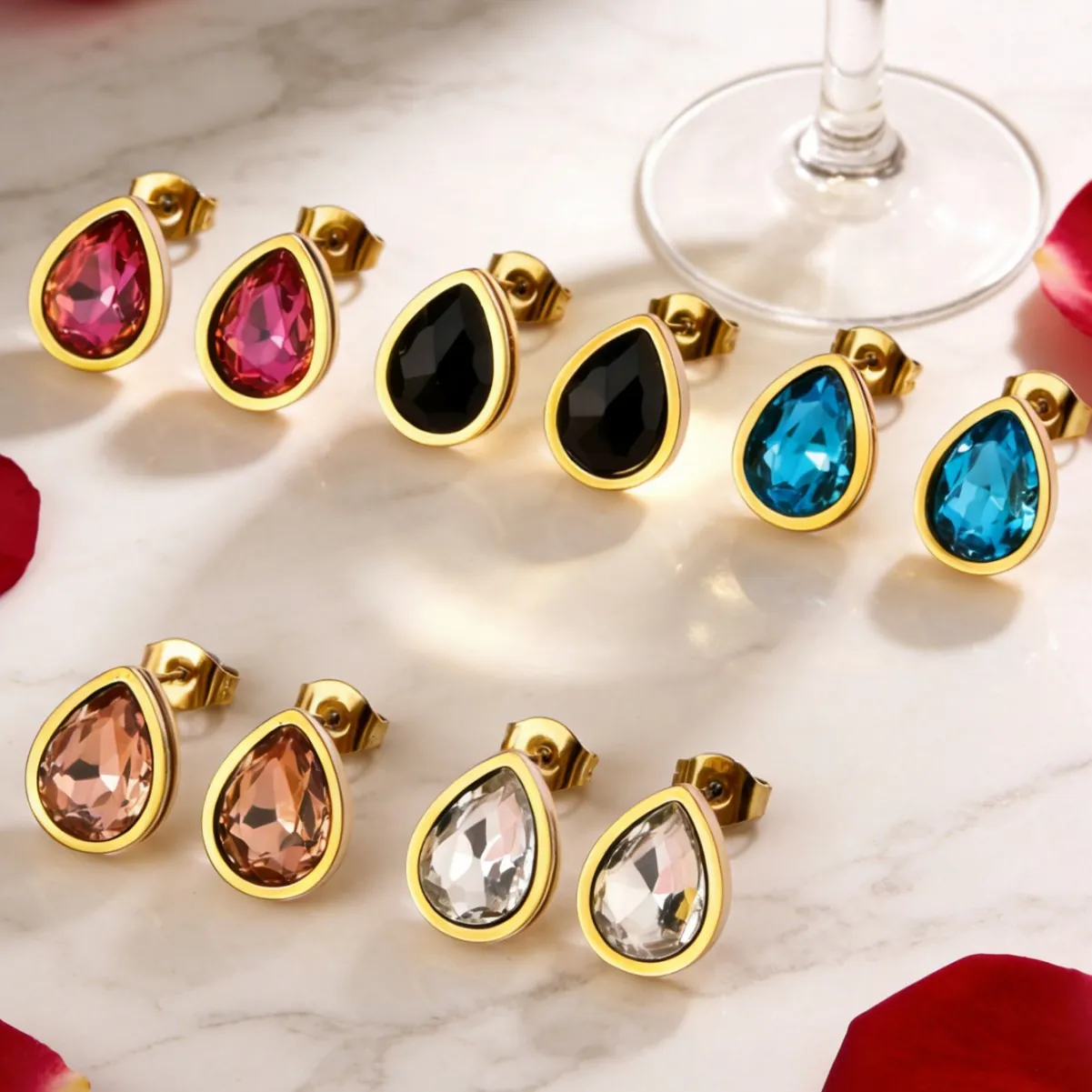 Roestvrij Staal Waterdruppel Zirconia Oorknopjes Voor Vrouwen 18K Verguld Emaille Hartvorm Minimalistische Sieraden Accessoires