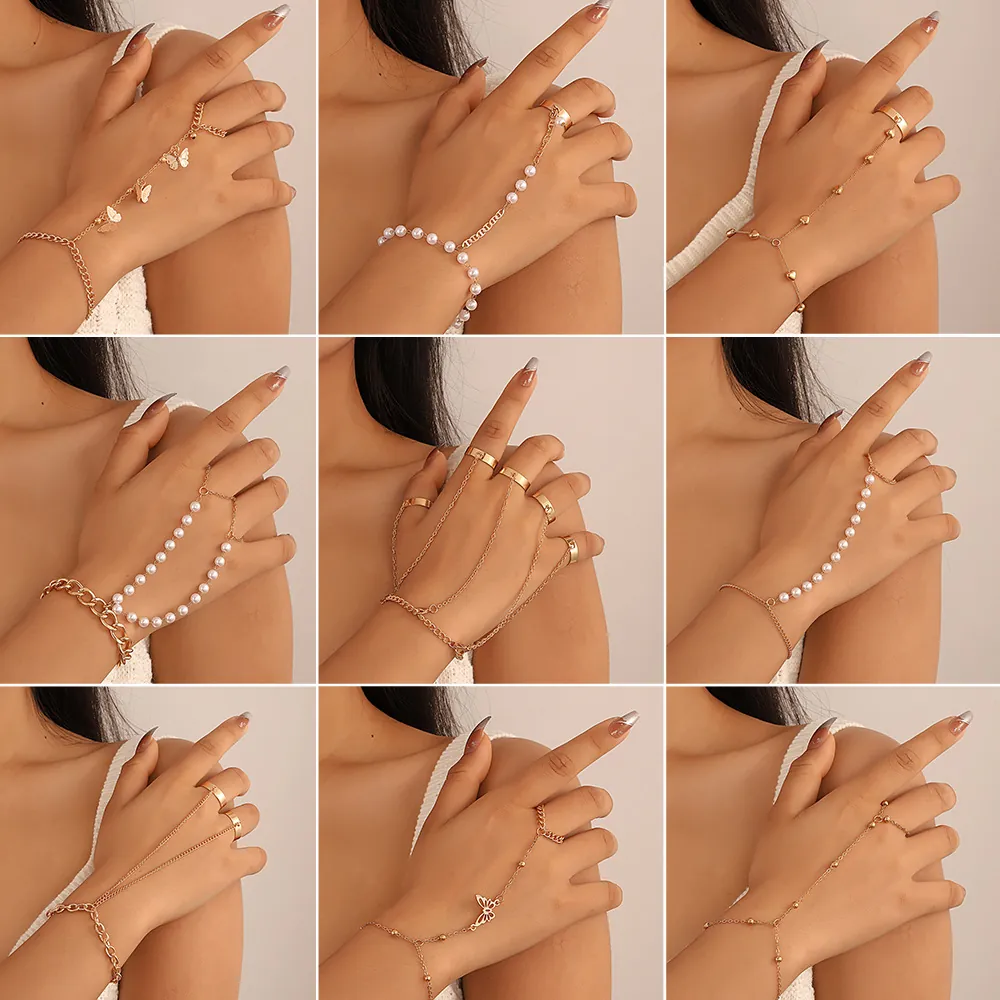 Integrated Hand Chain Ring Bracelet Alloy Butterfly Imitation Artificial Pearl Link Finger Harness Trendy Jewelry For Women