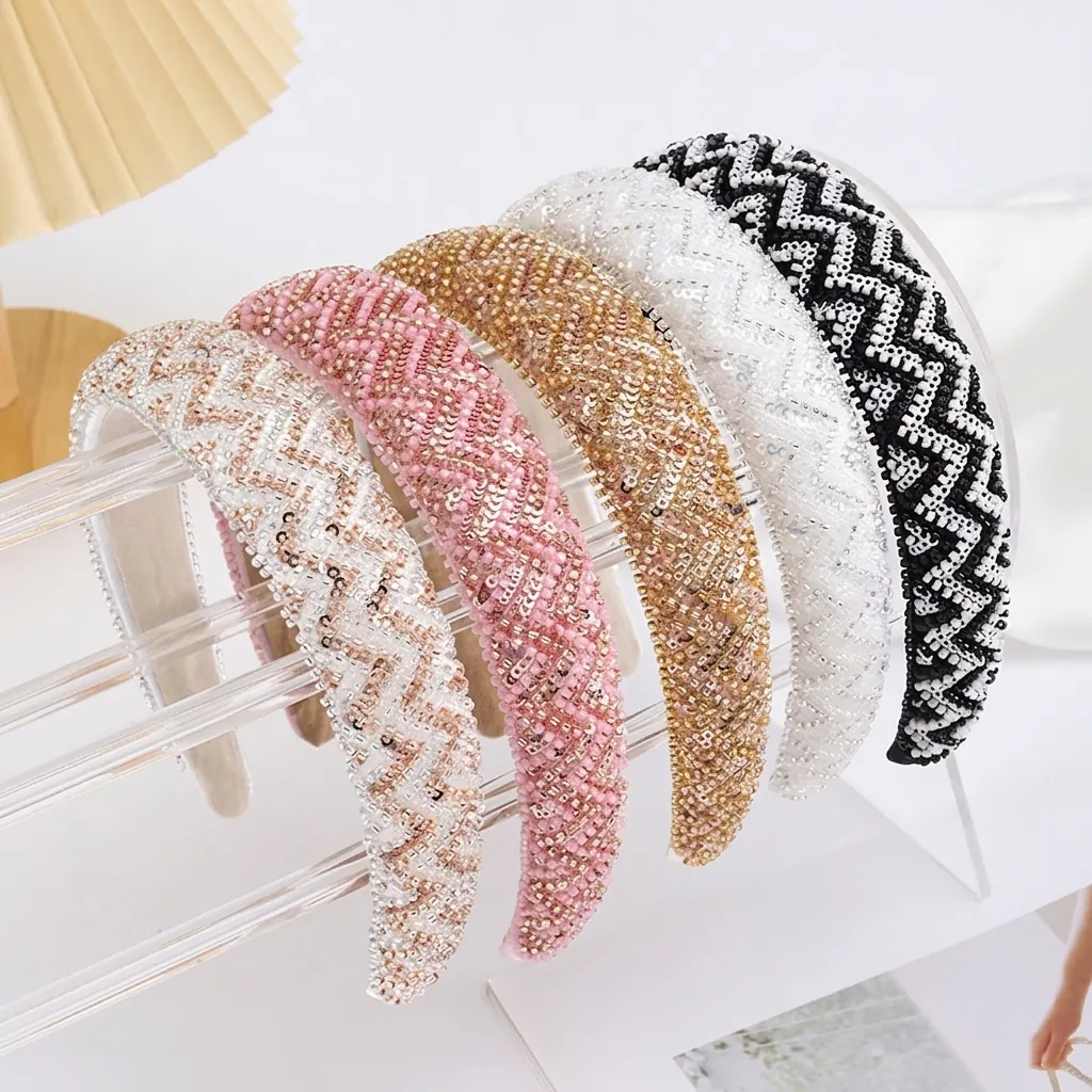 Serre-Tête Perlé En Strass Fait Main Motif À Vagues Vintage Pailleté Large Bandeau Accessoires De Cheveux Élégants Pour Femmes