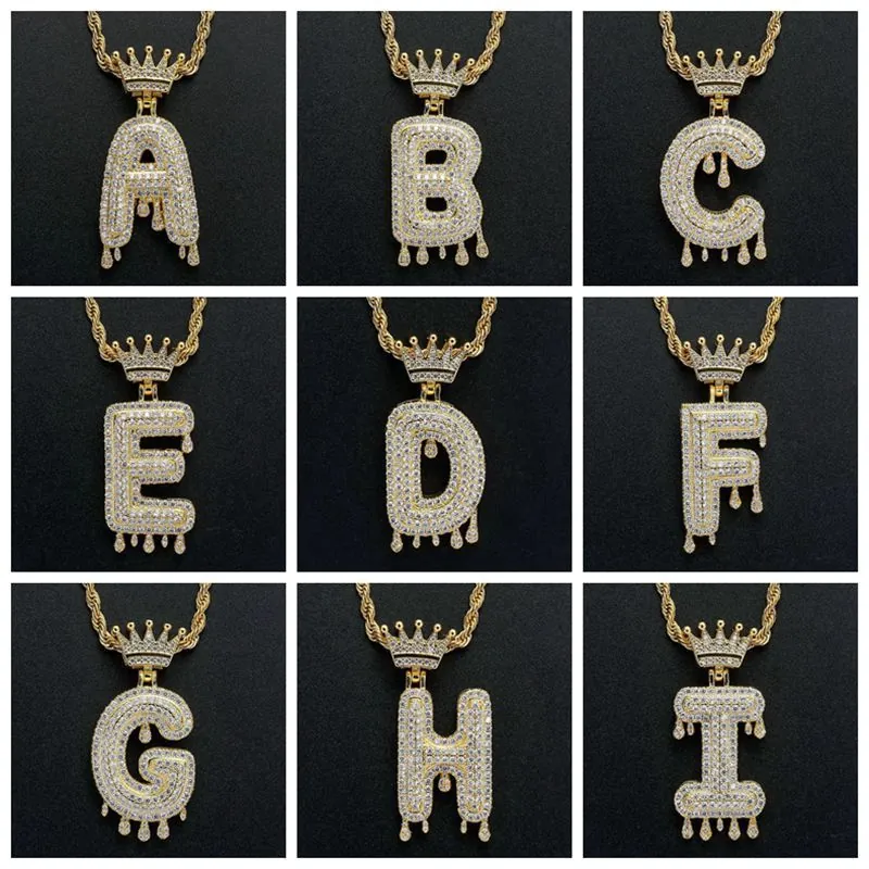 Iced Out Drip Initial Letter Pendant Necklace With Crown Copper Cubic Zirconia Rope Chain Hip Hop Streetwear Jewelry