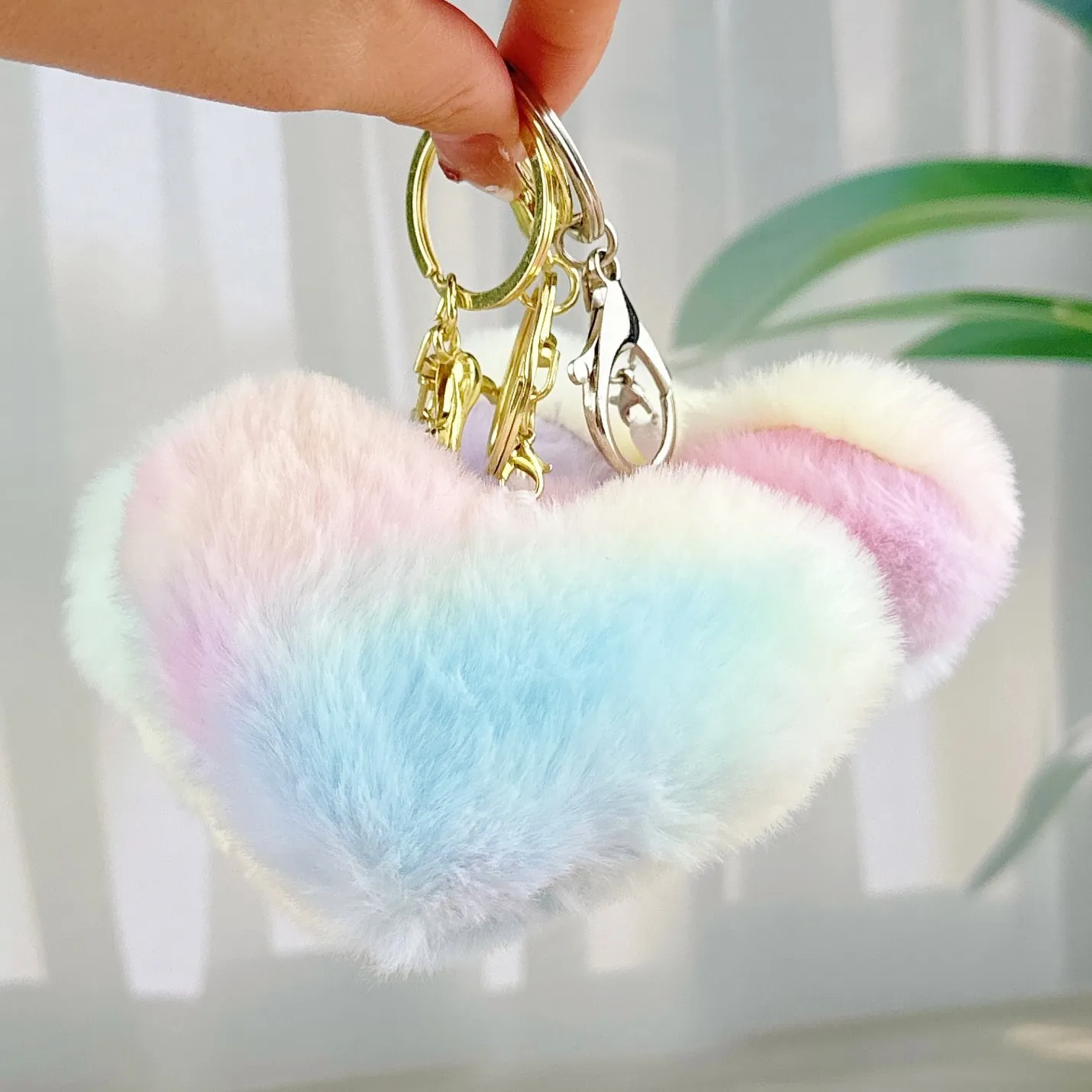 Plush Heart Keychain Rainbow Gradient Faux Fur Macaron Bag Charm Alloy Metal Hook Cute Accessory