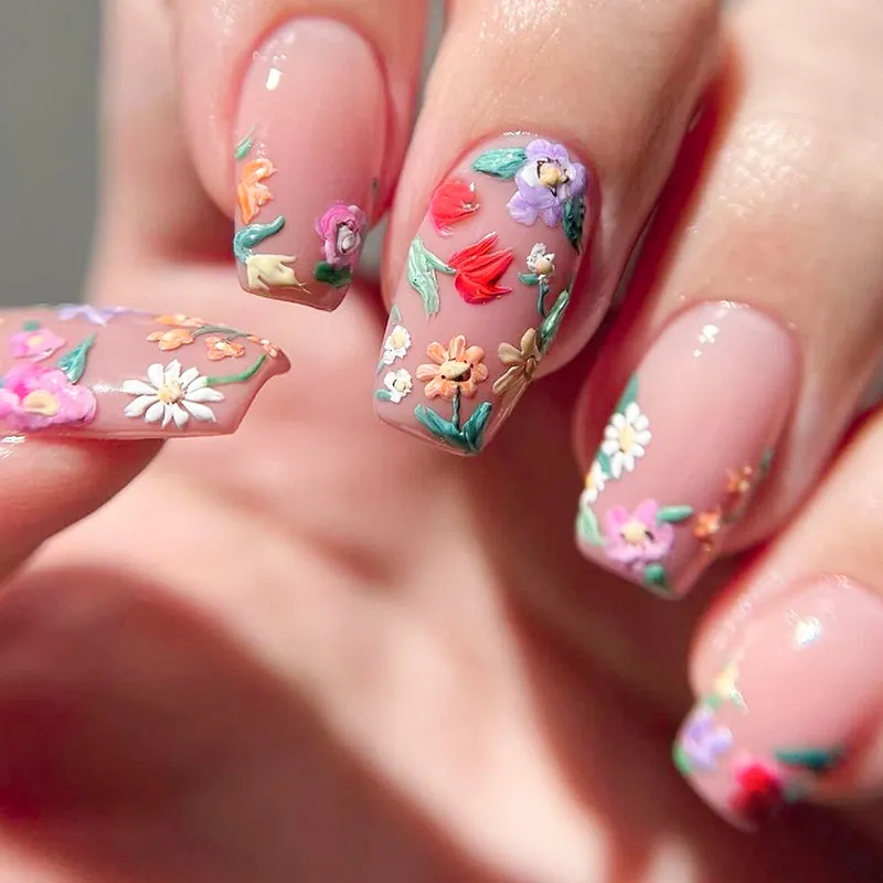 Faux Ongles Fleurs Relief 3D Rose Nude Ongles Artificiels Longs Carrés Style Français Accessoires Manucure DIY