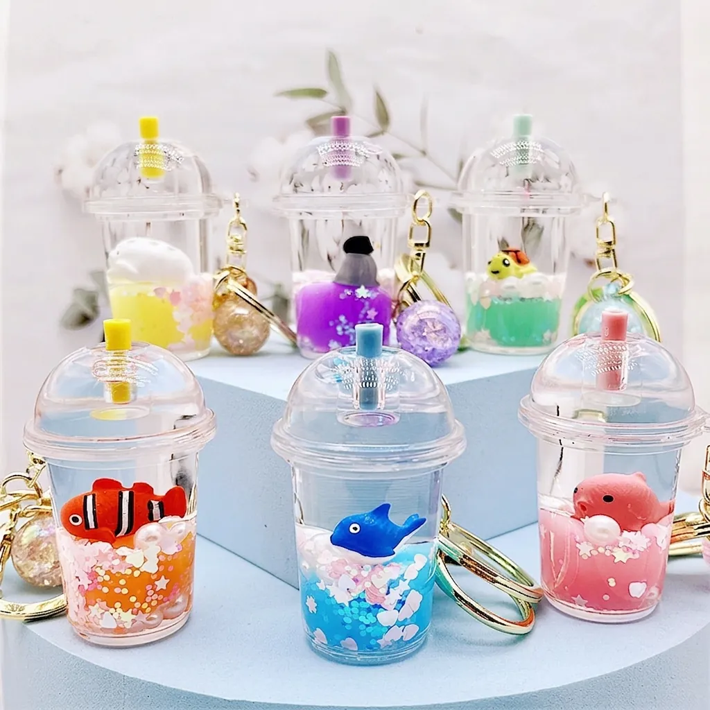 Milk Tea Cup Liquid Quicksand Keychain Floating Ocean Animal Acrylic Bag Pendant Sequins Key Ring Glitter Decorative