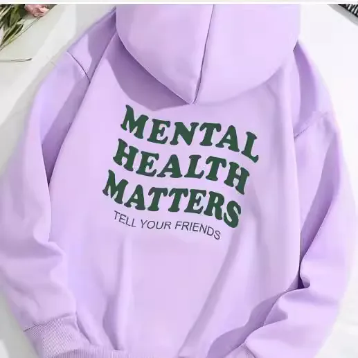 Women Hoodie Polyester Long Sleeve Letter Print Mental Health Matters Los Angeles Loose Fit Casual Pullover Sweatshirt