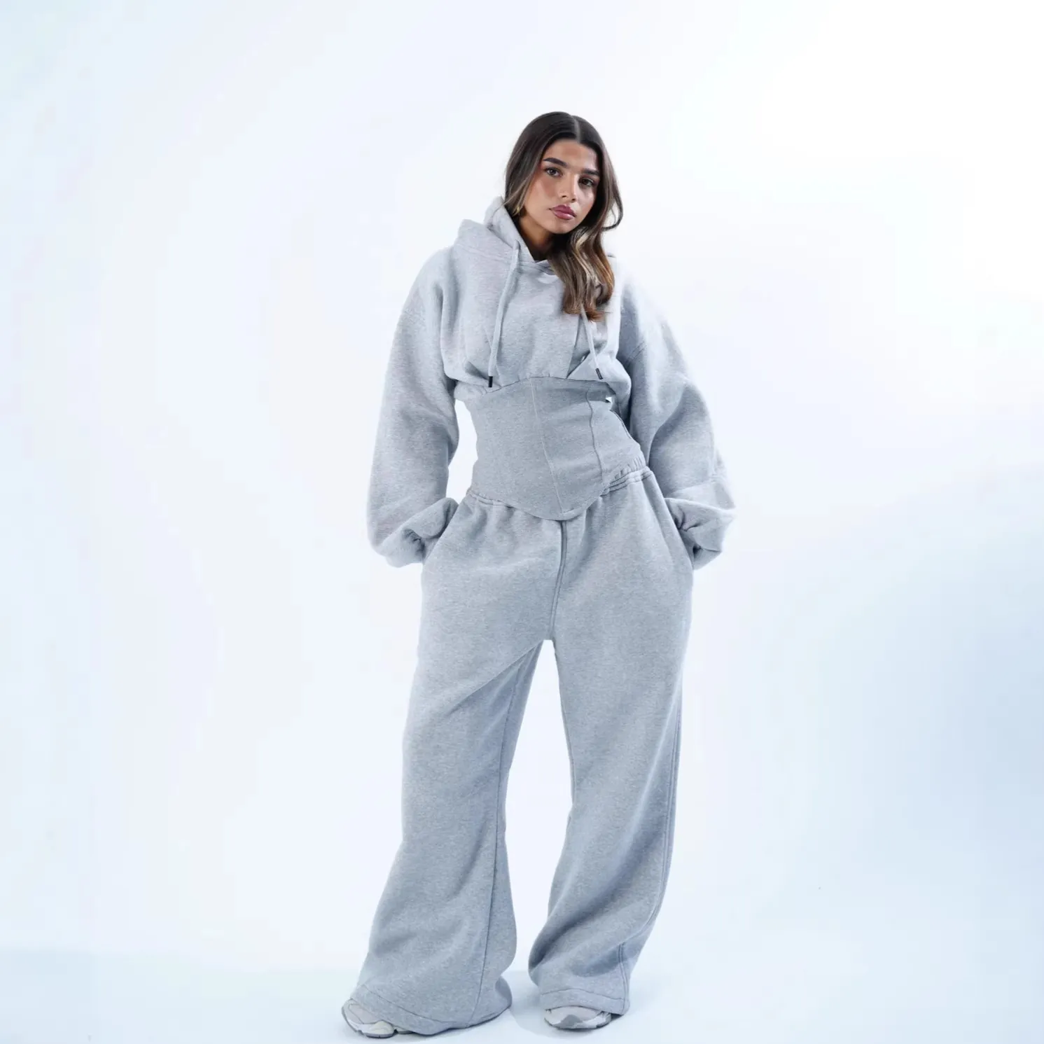 Survêtement À Capuche Taille Corset Et Pantalon Large Streetwear Manches Lanternes Cordon De Serrage Casual Lounge Wear