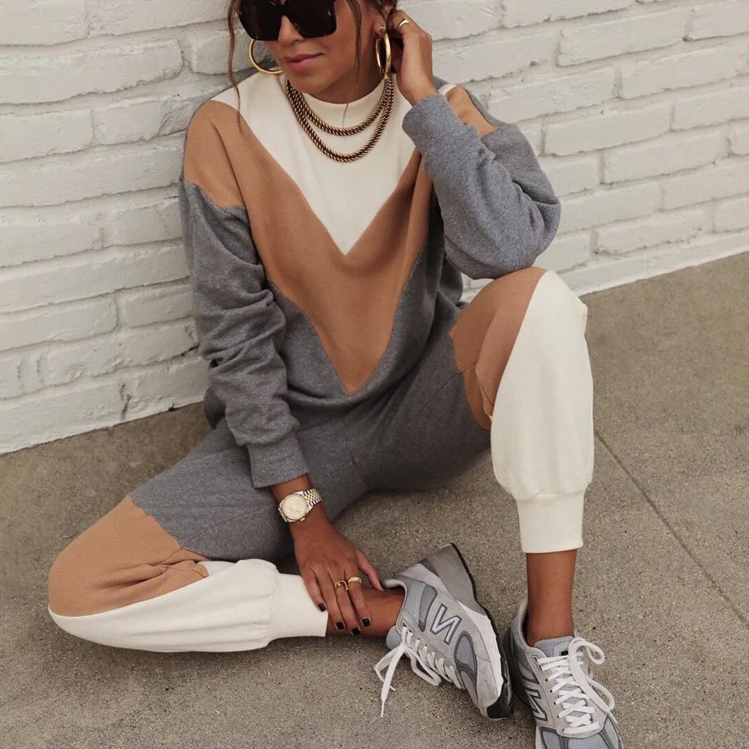 Dames Sweatshirt En Joggingbroek Color Block Katoenmix Loungewear Casual Lange Mouwen Chevron Patchwork