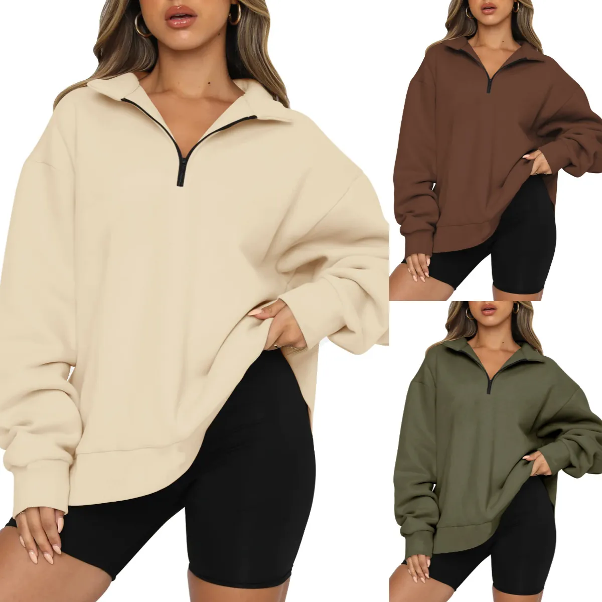 Women Quarter Zip Sweatshirt Oversized Drop Shoulder Long Sleeve Pullover Fleece Casual Sporty Solid Color