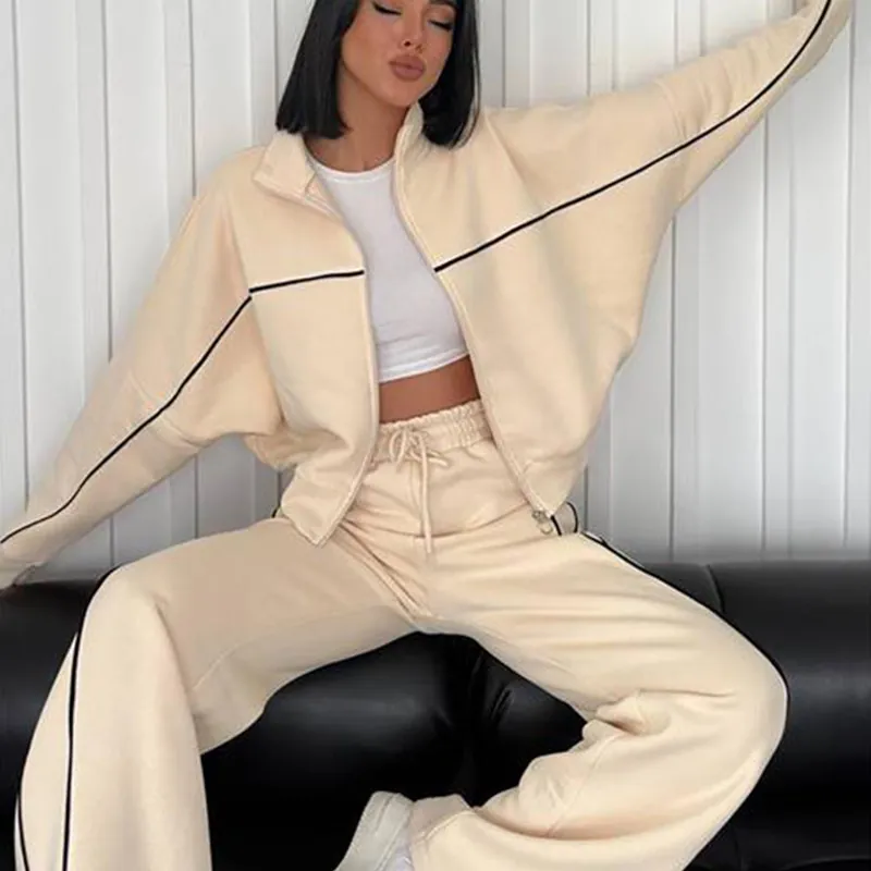 Damen 2-Teiler Sweatsuit Set Polyester Stehkragen Reißverschluss Gestreift Sweatshirt Tunnelzug Hose Casual Streetwear Top And Bottom