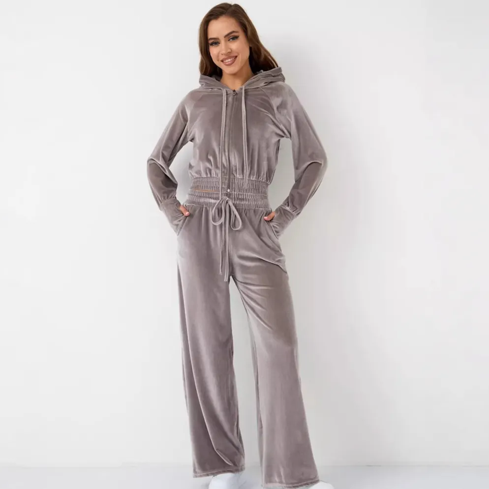 Women Velvet Tracksuit Zip Up Hoodie And Wide Leg Pants Solid Color Casual Loungewear Streetwear