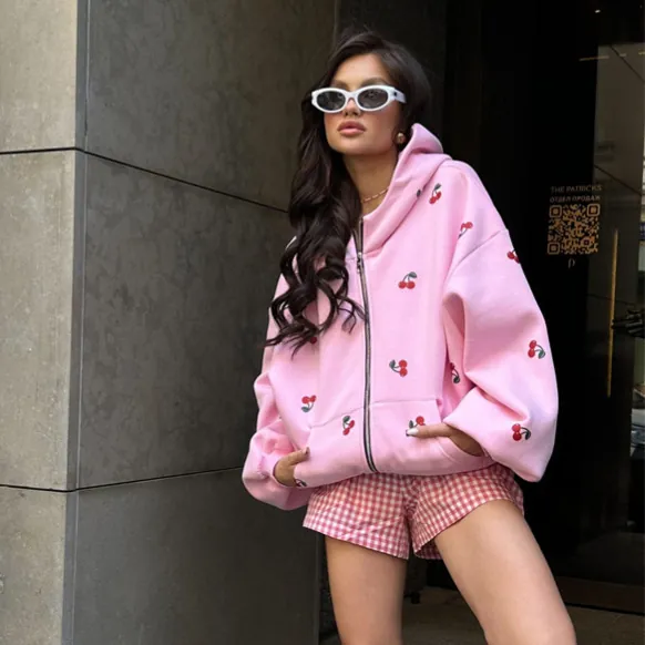 Women Zip Up Hoodie Cherry Print Cotton Blend Loose Fit Oversized Casual Streetwear Long Sleeve