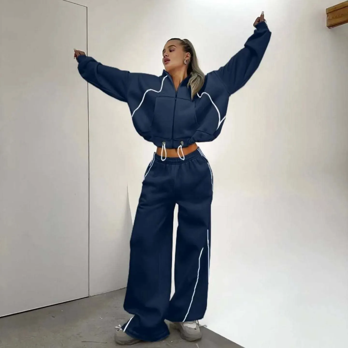 Womens Hooded Zipper Sweatshirt And Wide Leg Pants Tracksuit Set Contrast Piping Streetwear Athleisure Polyester