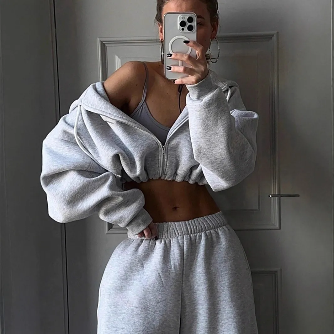 Women Tracksuit Cropped Hoodie And Wide Leg Sweatpants Solid Color Long Sleeve Casual Streetwear Zipper Sportswear