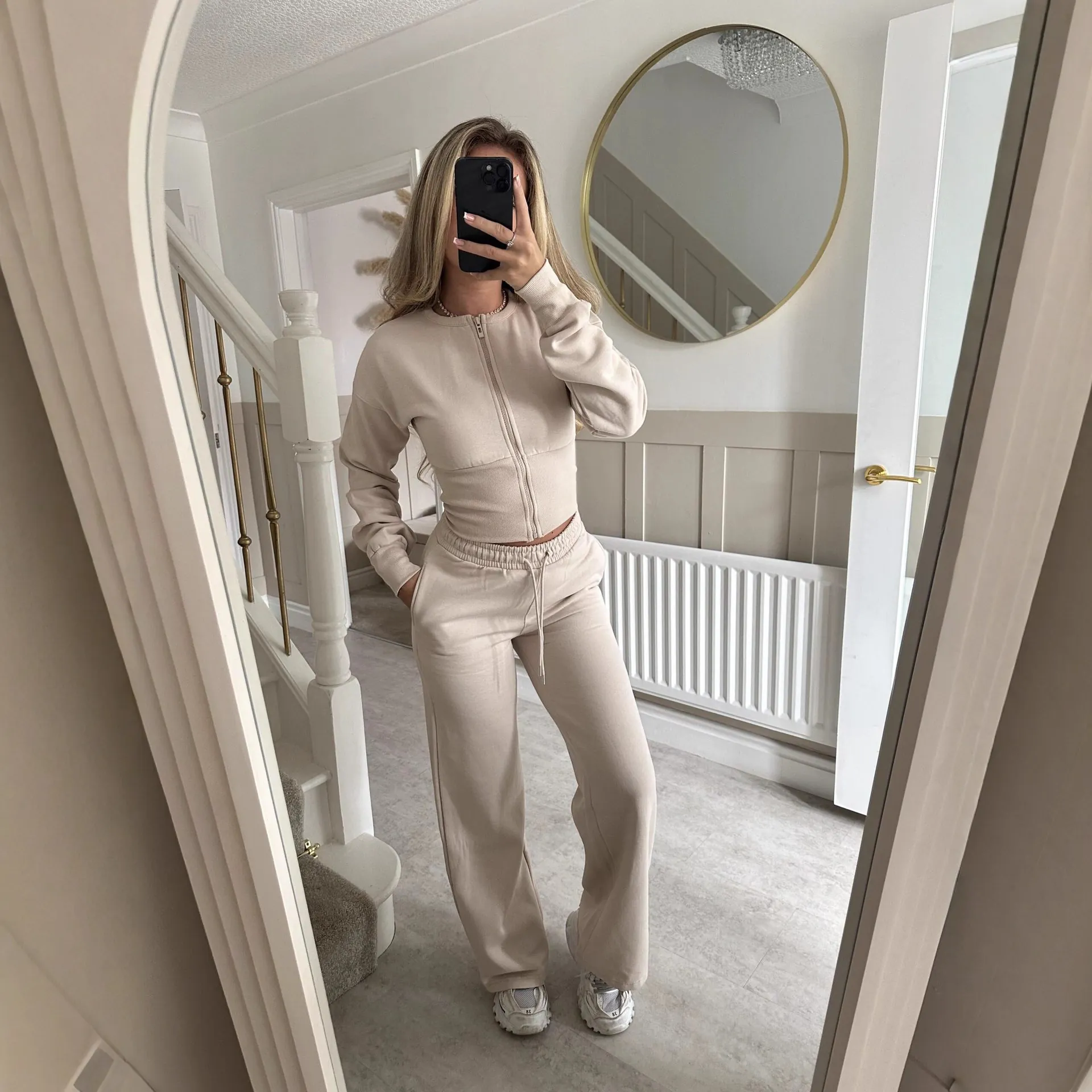 Women Lounge Pants Outfit Solid Color Cropped Zipper Jacket And High Waist Wide Leg Sweatpants Casual Streetwear Tracksuit