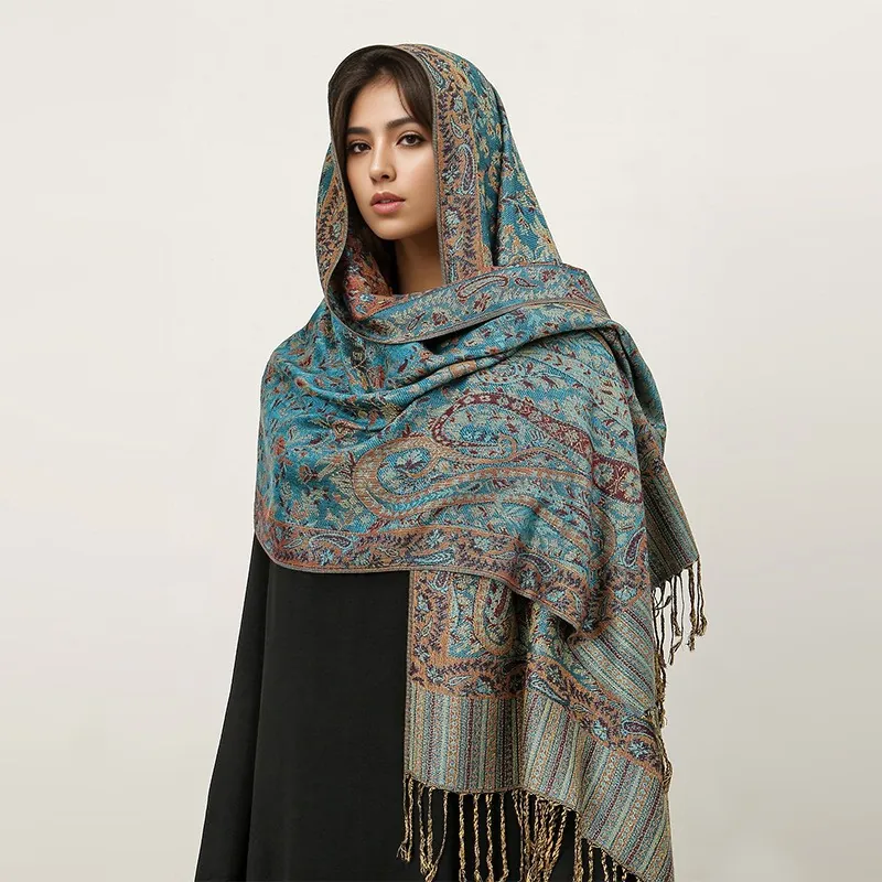 Paisley Pattern Scarf Shawl Rayon Acrylic Blend Cashmere-Like Ethnic Vintage Elegant Long With Tassels For Women All Season