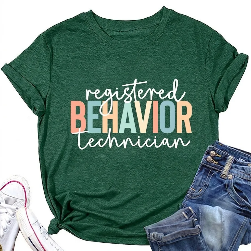 T-Shirt À Manches Courtes Et Col Rond Pour Femmes Imprimé Registered Behavior Technician Top Décontracté En Coton Mélangé