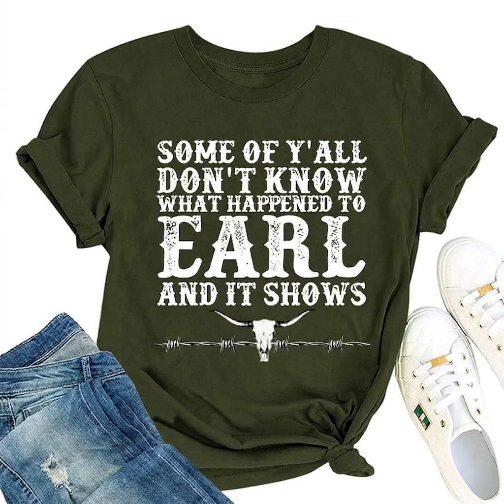 Cotton Blend Women T-Shirt Round Neck Short Sleeve Western Bull Skull Graphic Letter Print Loose Retro Top