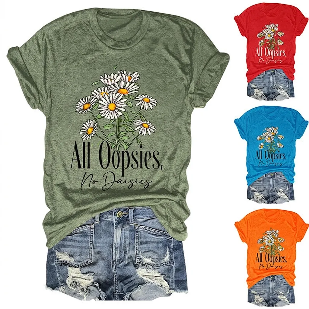 Women Daisy Print T-Shirt Casual Short Sleeve Round Neck Cotton Blend Graphic Tee Loose Summer Top