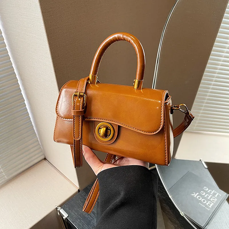 Retro PU Leather Small Square Bag With Top Handle Golden Circular Turn Lock Adjustable Shoulder Strap Women Crossbody Bag