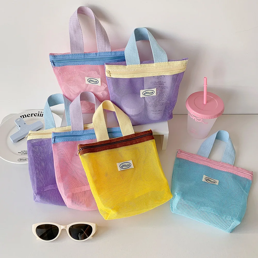 Mesh Handbag Polyester Breathable Zipper Closure Beach Travel Portable Dopamine Candy Colors Lightweight Women