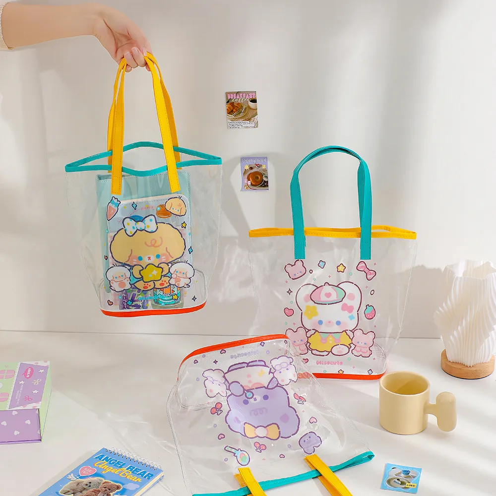 Transparent PVC Handbag Cute Cartoon Bear Print Waterproof Large Capacity Summer Beach Jelly Bag For Women Girls