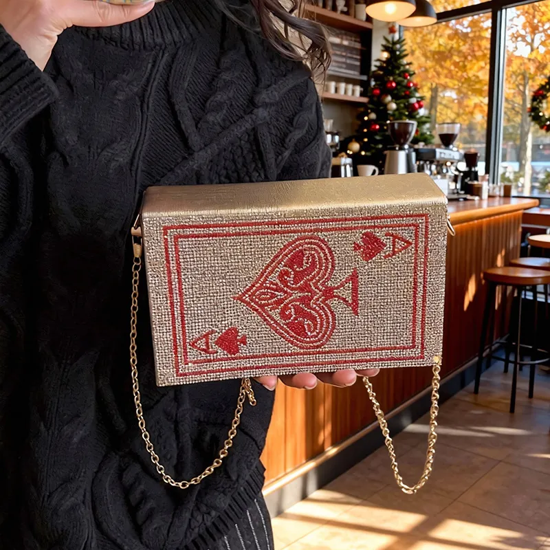 Ace Of Spades Playing Card Rhinestone Evening Bag Creative Hard Shell Box Clutch With Metal Chain Strap For Women Party