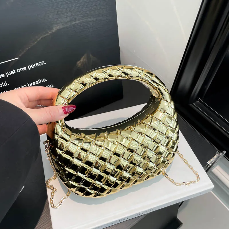 Borsa Da Sera Pochette Da Donna Metallico Acrilico Motivo Intrecciato Mezzaluna Hobo Con Tracolla A Catena Matrimonio