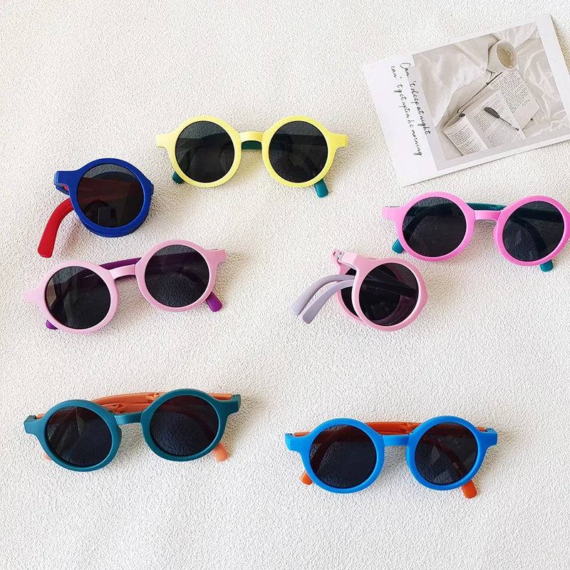 Lunettes De Soleil Enfant Pliables Monture Ronde Protection UV400 Plastique Pare Soleil Mode Couleur Contrastée Pour Garçons Filles
