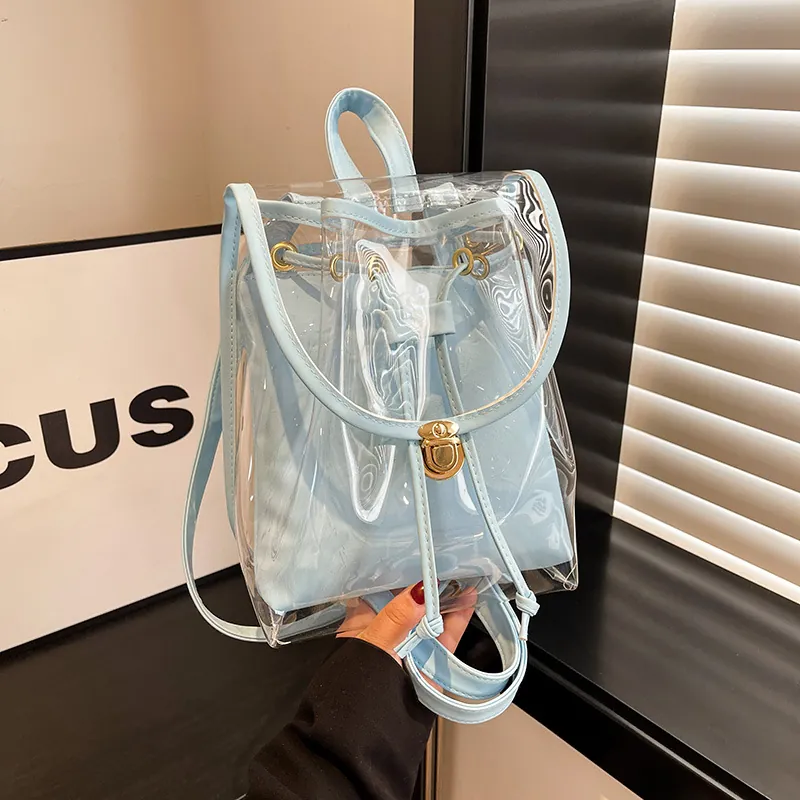 Women Transparent PVC Backpack Fashion Jelly Bag With PU Leather Inner Pouch Sweet Adjustable Straps Casual Travel