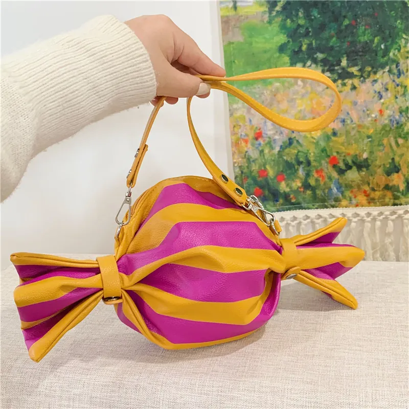 Candy Shape Shoulder Bag Niche Design PU Leather Striped Pattern Novelty Crossbody Purse For Women Girls Street Trend