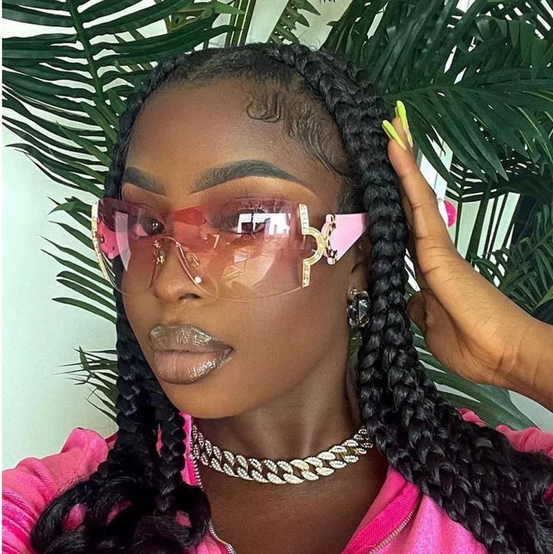 Women Oversized Shield Sunglasses Y2K Rimless Rhinestone Metal Hinge PC Lens UV400 Protection Fashion Eyewear