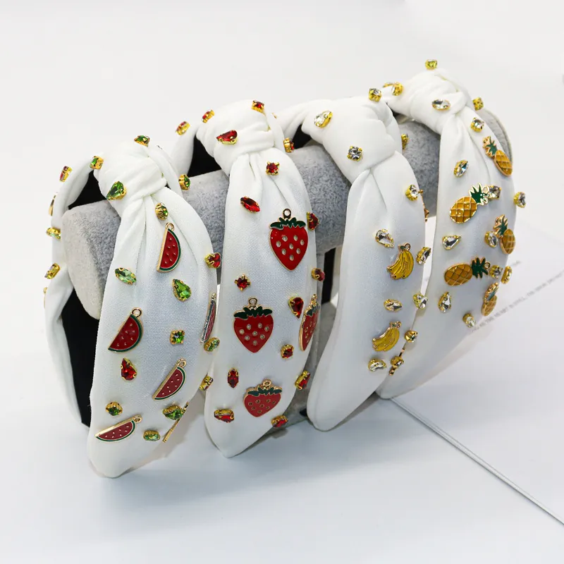 Knotted Wide Headband With Alloy Fruit Charms And Rhinestones Fabric Summer Hair Hoop Accessories For Women Girls